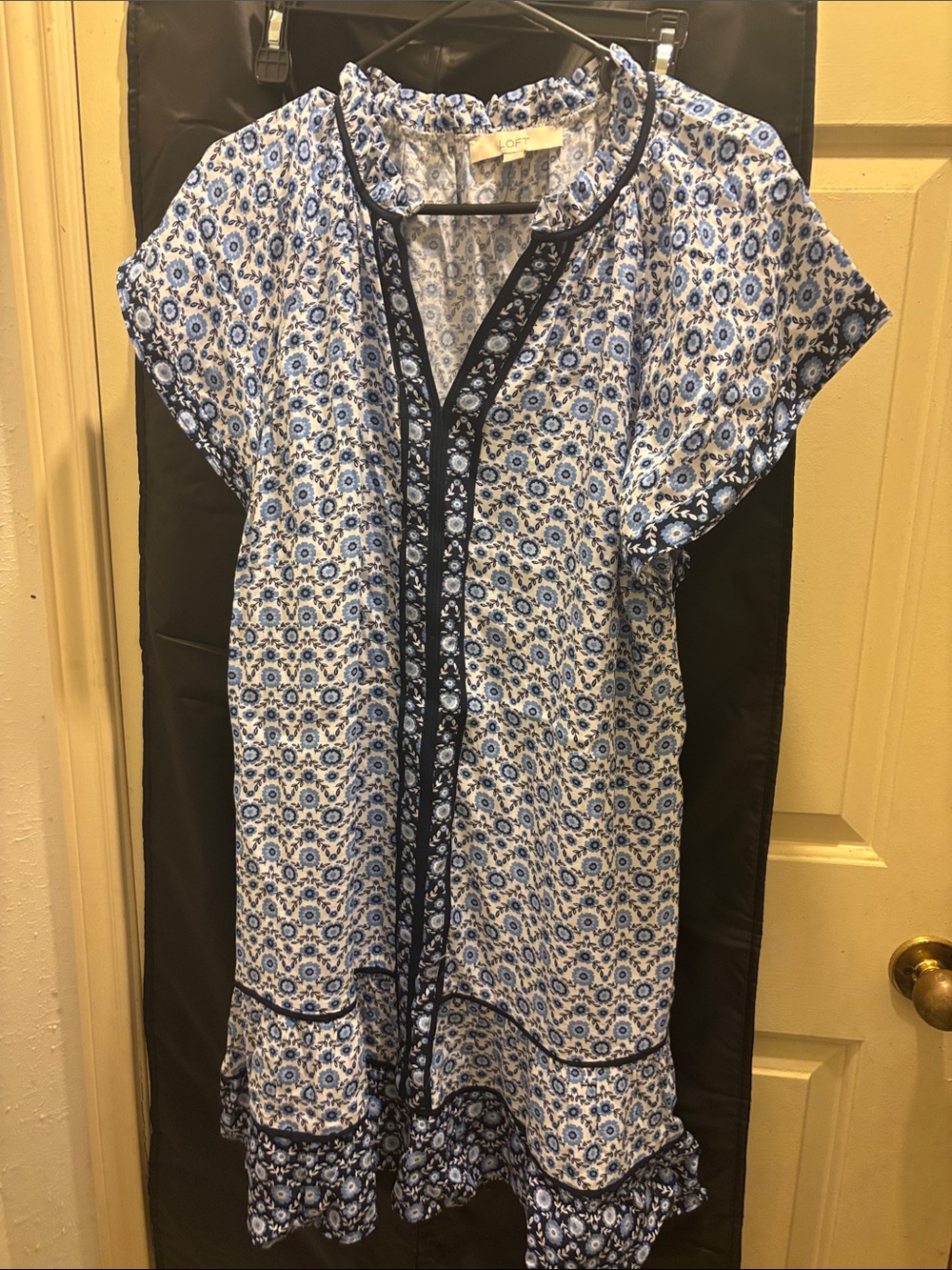 LOFT Blue and White Printed Midi Dress with Dark Trim